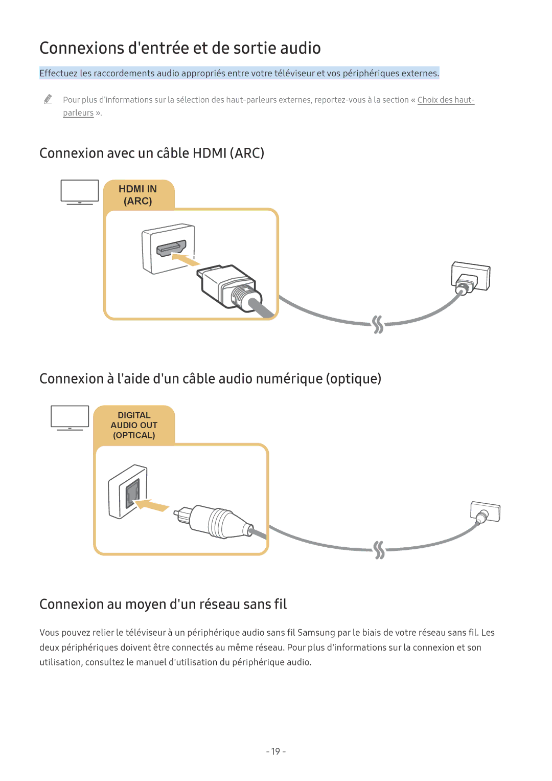 Samsung UE49MU6195UXXC, UE40MU6455UXXC manual Connexions dentrée et de sortie audio, Connexion avec un câble Hdmi ARC 