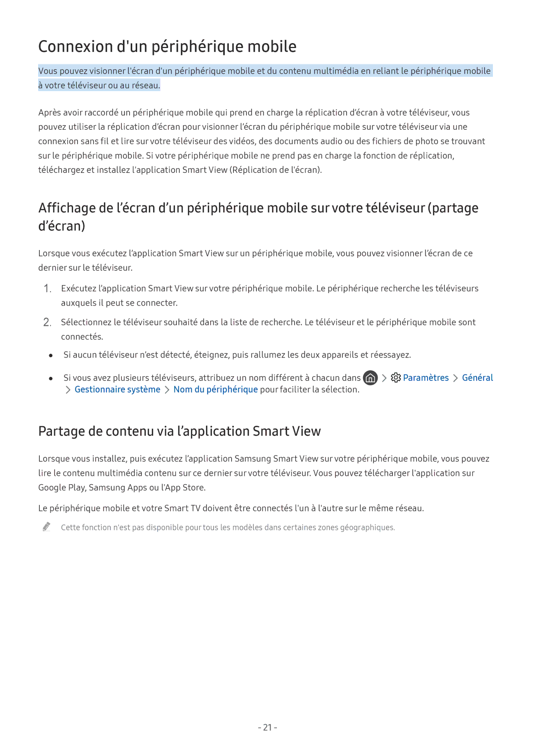 Samsung UE49MU6175UXXC, UE40MU6455UXXC Connexion dun périphérique mobile, Partage de contenu via l’application Smart View 