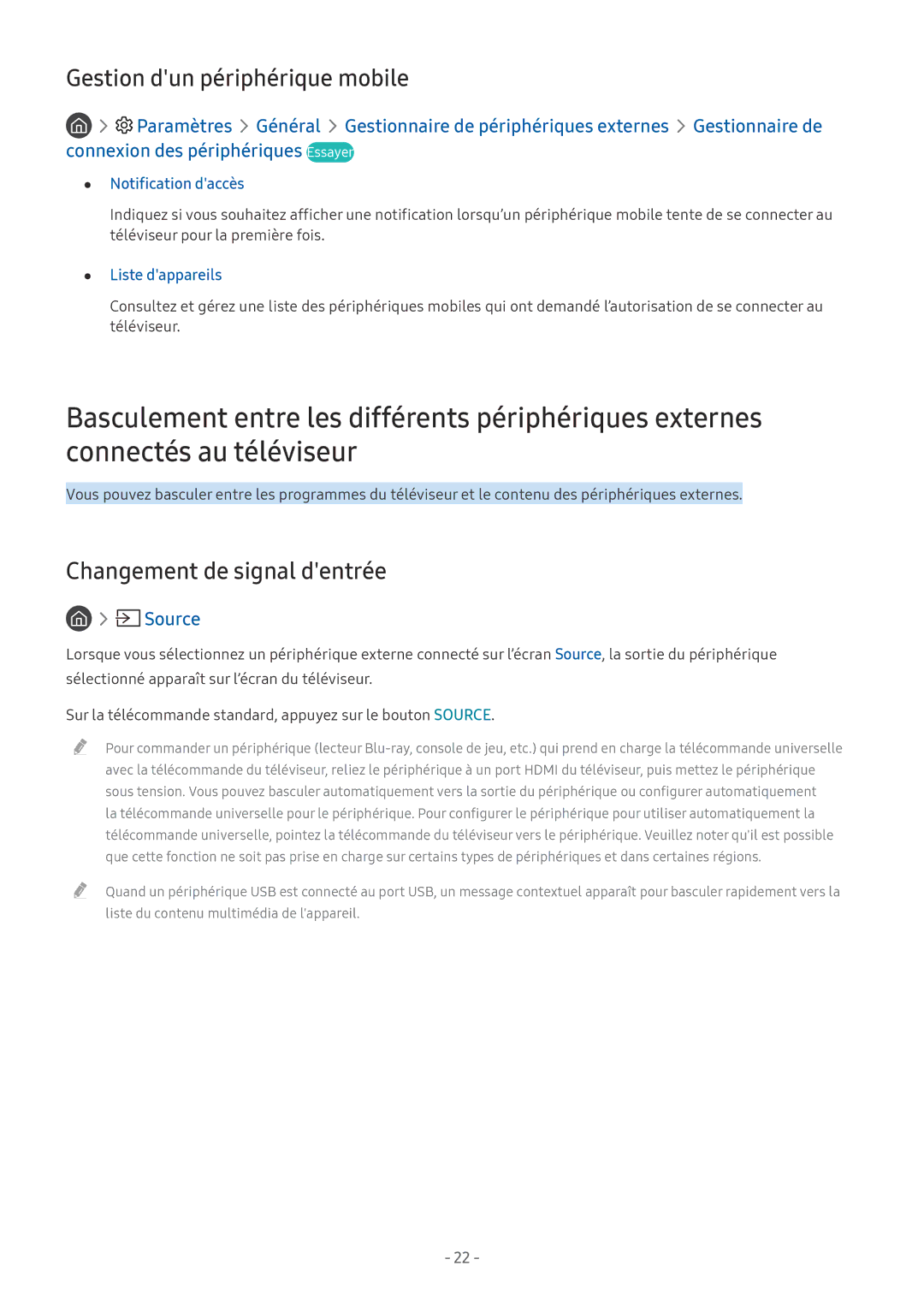 Samsung UE49MU6105KXXC, UE40MU6455UXXC Gestion dun périphérique mobile, Changement de signal dentrée, Notification daccès 