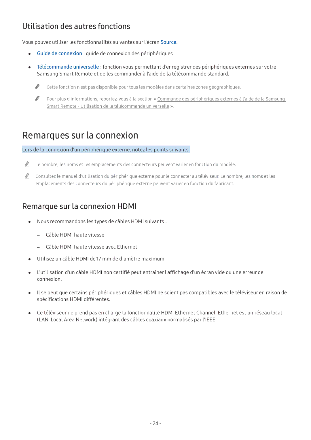 Samsung UE55MU9005TXXC manual Remarques sur la connexion, Utilisation des autres fonctions, Remarque sur la connexion Hdmi 