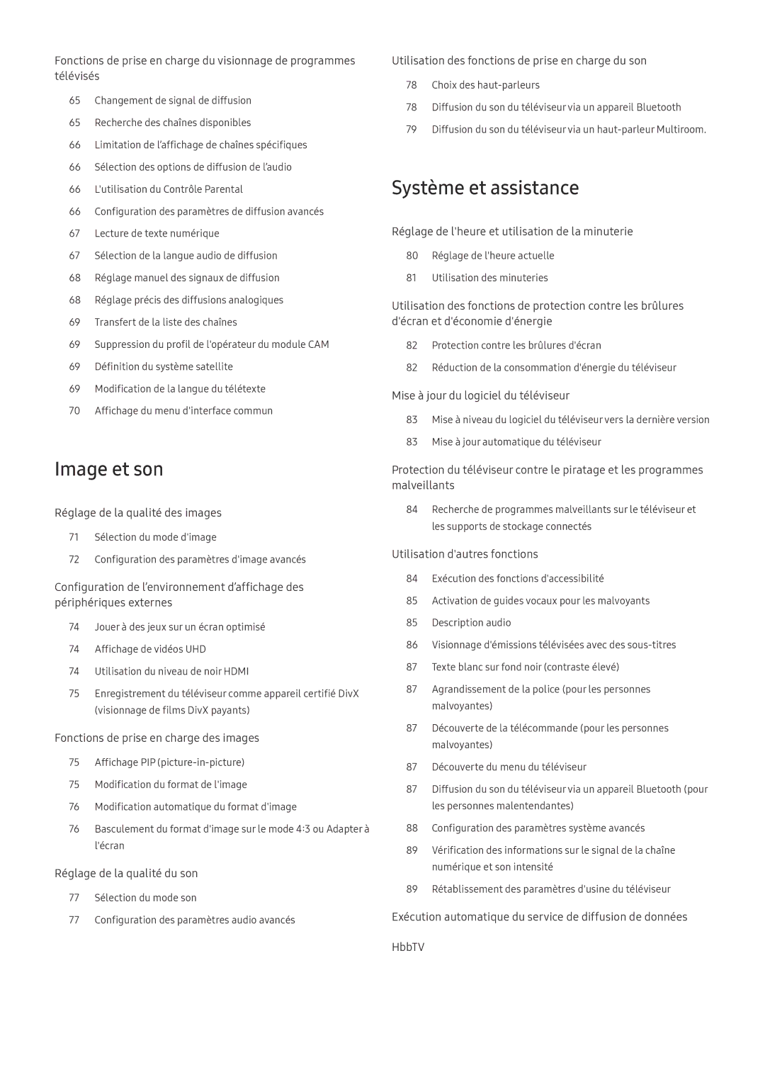 Samsung UE82MU7005TXXC, UE40MU6455UXXC, QE75Q7FAMTXXC, QE65Q8CAMTXXC, QE55Q8CAMTXXC manual Image et son, Système et assistance 