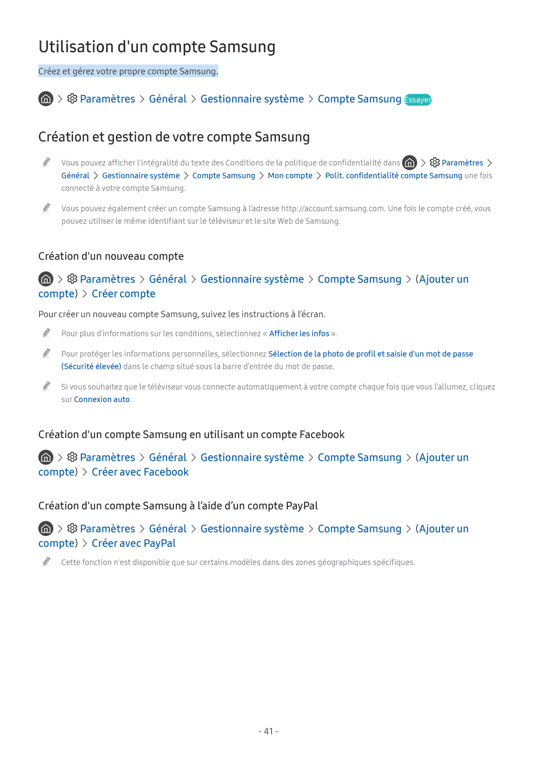 Samsung UE65MU8005TXXC, UE40MU6455UXXC Utilisation dun compte Samsung, Création et gestion de votre compte Samsung, Compte 