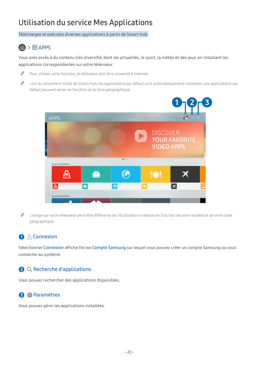 Samsung UE55MU7055TXXC, UE40MU6455UXXC manual Utilisation du service Mes Applications, Connexion, Recherche dapplications 