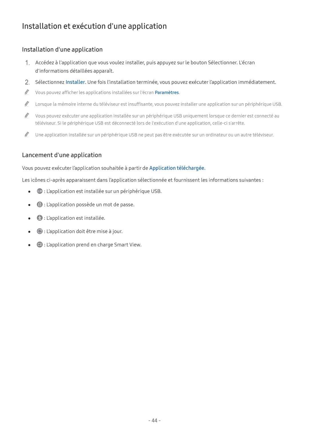 Samsung UE55MU6205KXXC, UE40MU6455UXXC manual Installation et exécution dune application, Installation dune application 