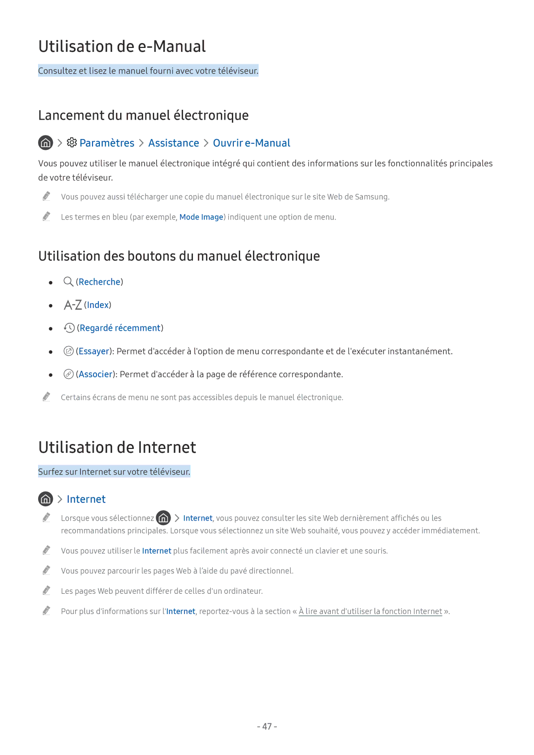 Samsung QE65Q9FAMTXXC, UE40MU6455UXXC Utilisation de e-Manual, Utilisation de Internet, Lancement du manuel électronique 