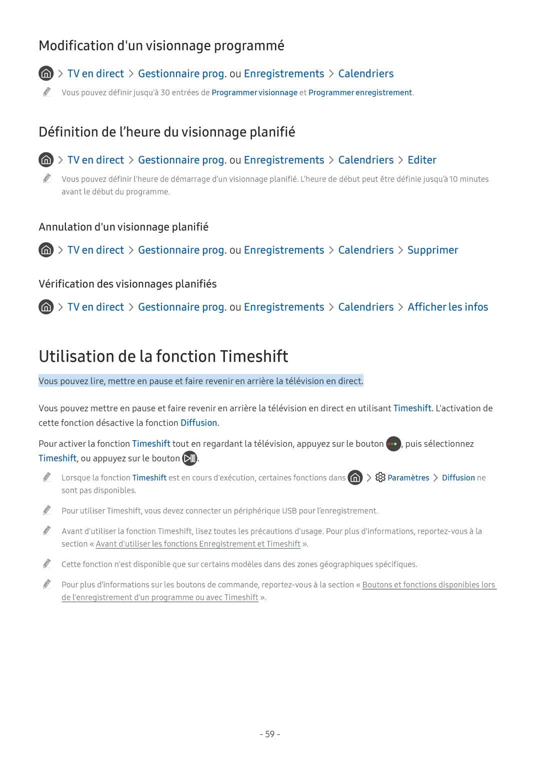 Samsung QE65Q7FAMTXXC, UE40MU6455UXXC manual Utilisation de la fonction Timeshift, Modification dun visionnage programmé 