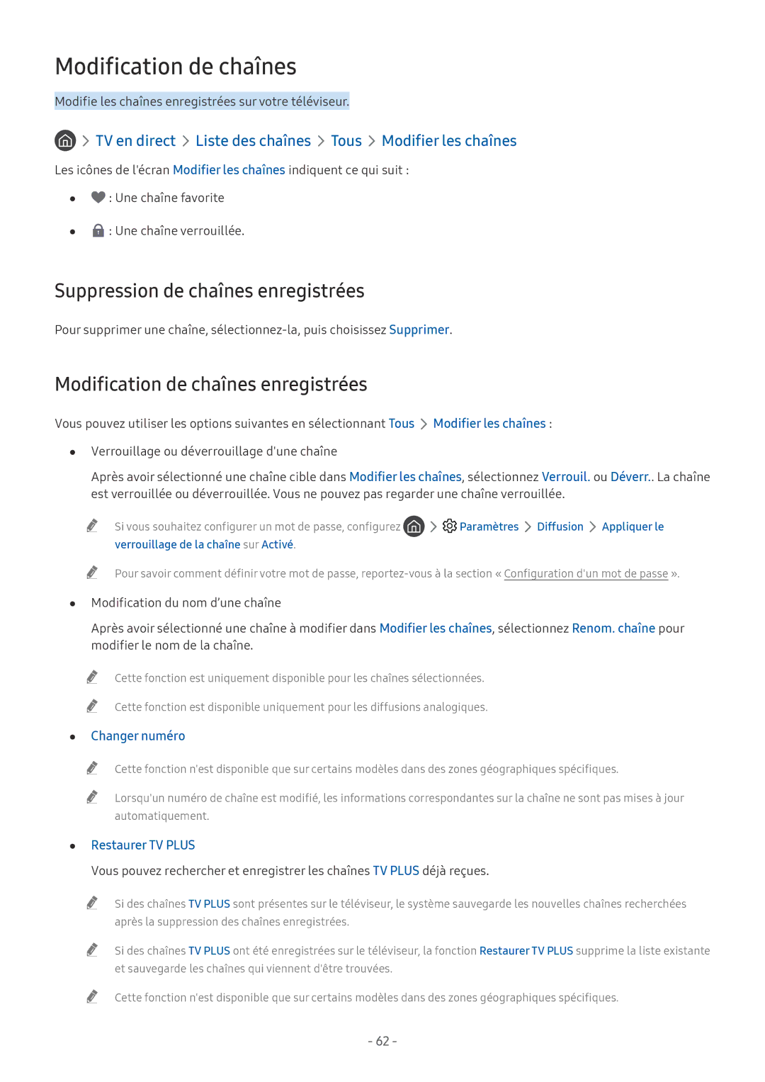 Samsung QE55Q8FAMTXXC, UE40MU6455UXXC manual Suppression de chaînes enregistrées, Modification de chaînes enregistrées 