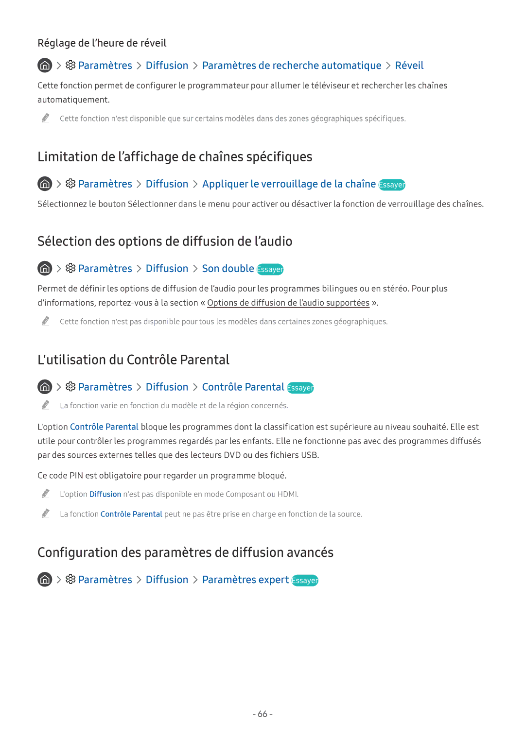 Samsung UE40MU6455UXXC Limitation de l’affichage de chaînes spécifiques, Sélection des options de diffusion de l’audio 