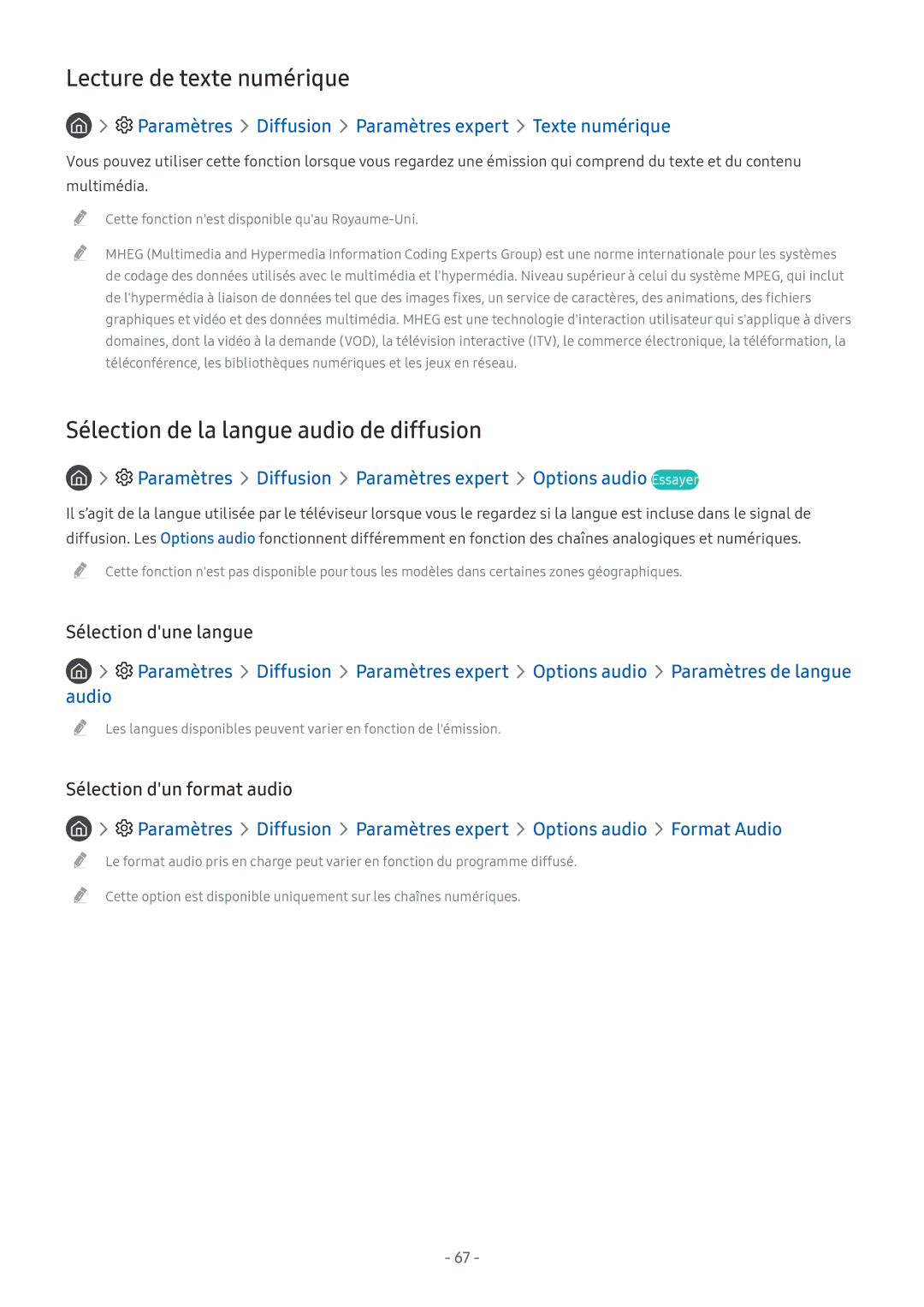 Samsung QE75Q7FAMTXXC, UE40MU6455UXXC manual Lecture de texte numérique, Sélection de la langue audio de diffusion, Audio 