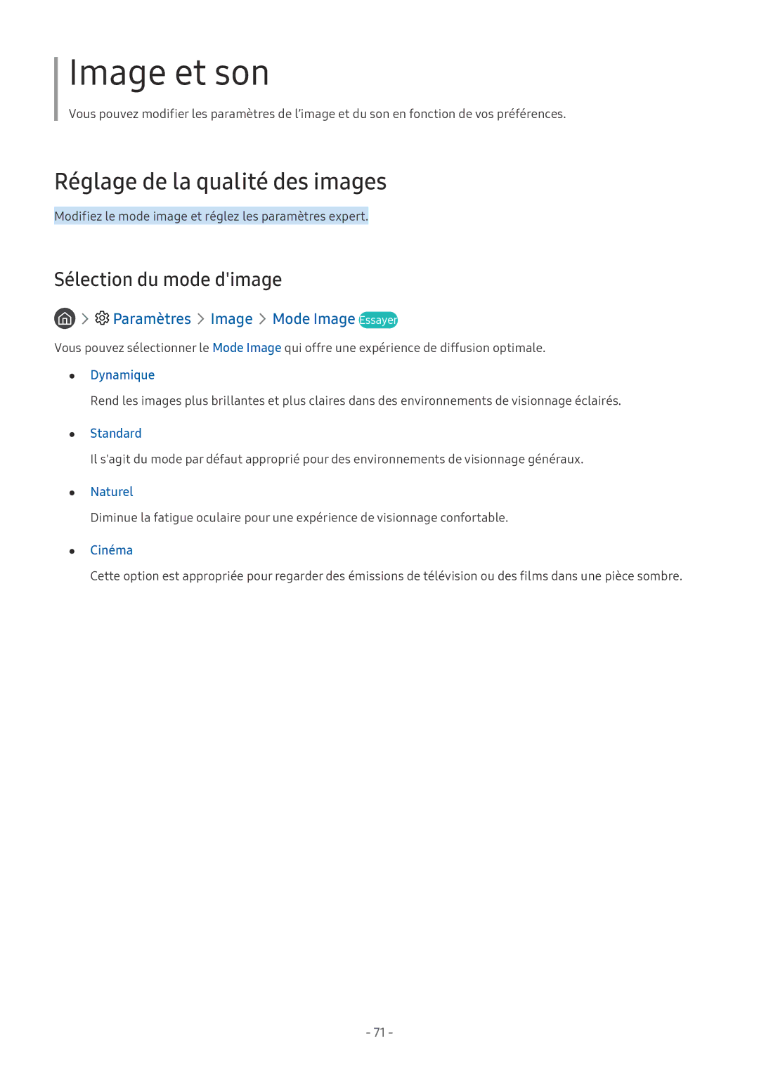 Samsung UE65MU9005TXXC Réglage de la qualité des images, Sélection du mode dimage, Paramètres Image Mode Image Essayer 