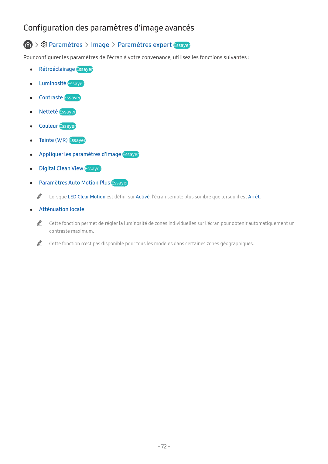 Samsung QE55Q7FAMTXXC manual Configuration des paramètres dimage avancés, Paramètres Image Paramètres expert Essayer 