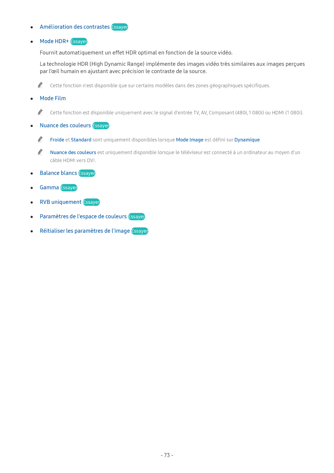 Samsung UE65MU7045TXXC manual Amélioration des contrastes Essayer Mode HDR+ Essayer, Mode Film, Nuance des couleurs Essayer 