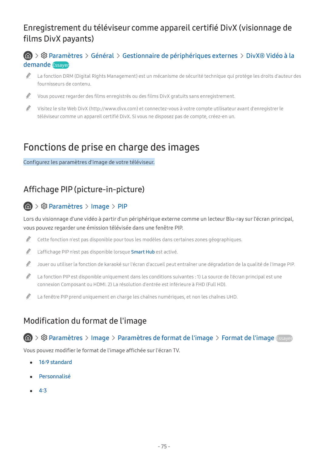 Samsung UE65MU6645UXXC Fonctions de prise en charge des images, Affichage PIP picture-in-picture, Paramètres Image PIP 