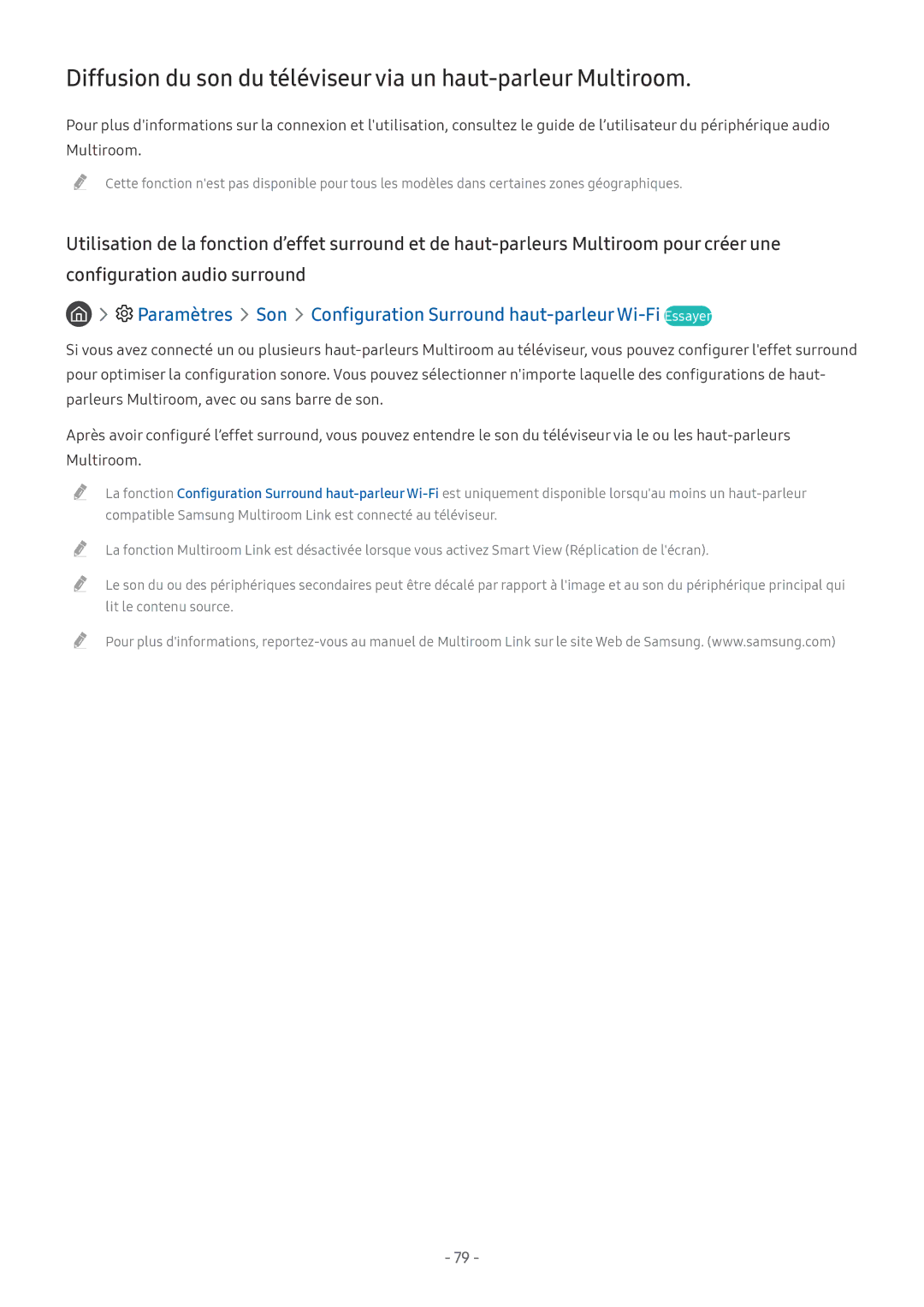 Samsung UE49MU6655UXXC, UE40MU6455UXXC, QE75Q7FAMTXXC manual Diffusion du son du téléviseur via un haut-parleur Multiroom 