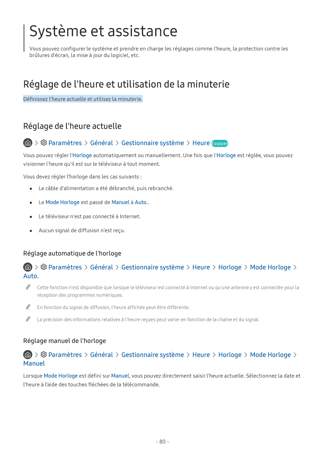 Samsung UE65MU7005TXXC, UE40MU6455UXXC manual Réglage de lheure et utilisation de la minuterie, Réglage de lheure actuelle 