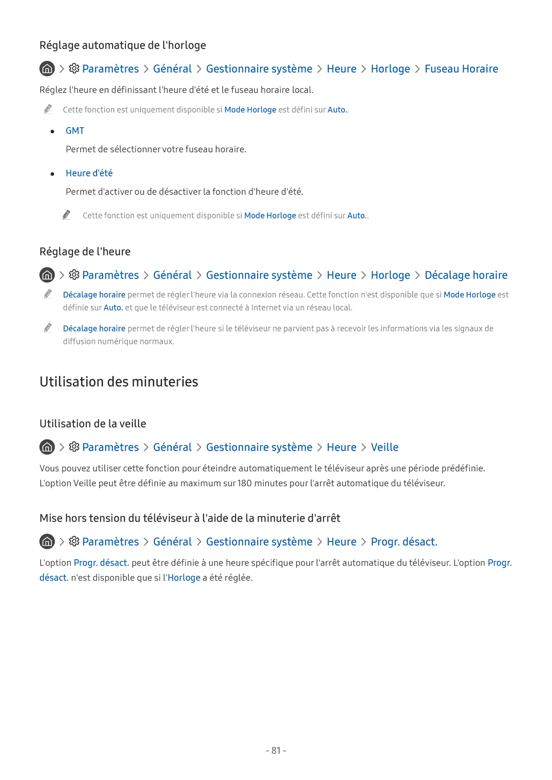 Samsung UE75MU7005TXXC, UE40MU6455UXXC manual Utilisation des minuteries, Réglage de lheure, Utilisation de la veille 