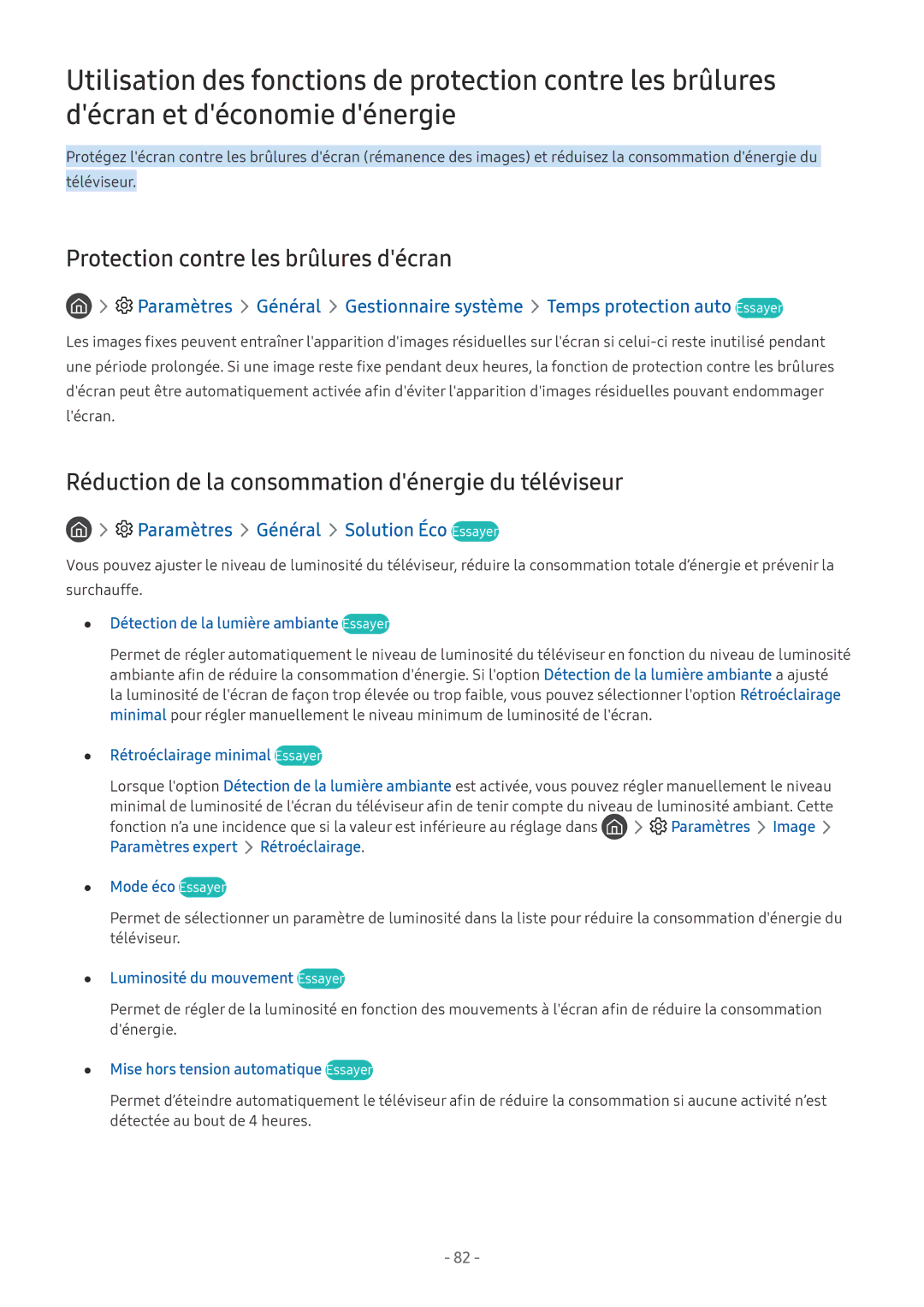 Samsung UE75MU6105KXXC manual Protection contre les brûlures décran, Réduction de la consommation dénergie du téléviseur 