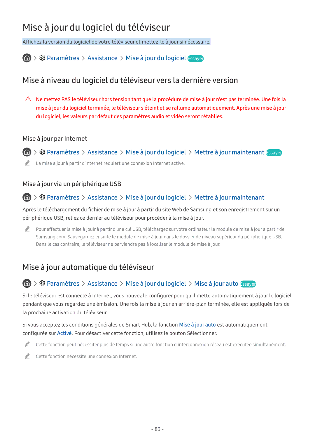Samsung UE65MU7055TXXC manual Mise à jour du logiciel du téléviseur, Paramètres Assistance Mise à jour du logiciel Essayer 