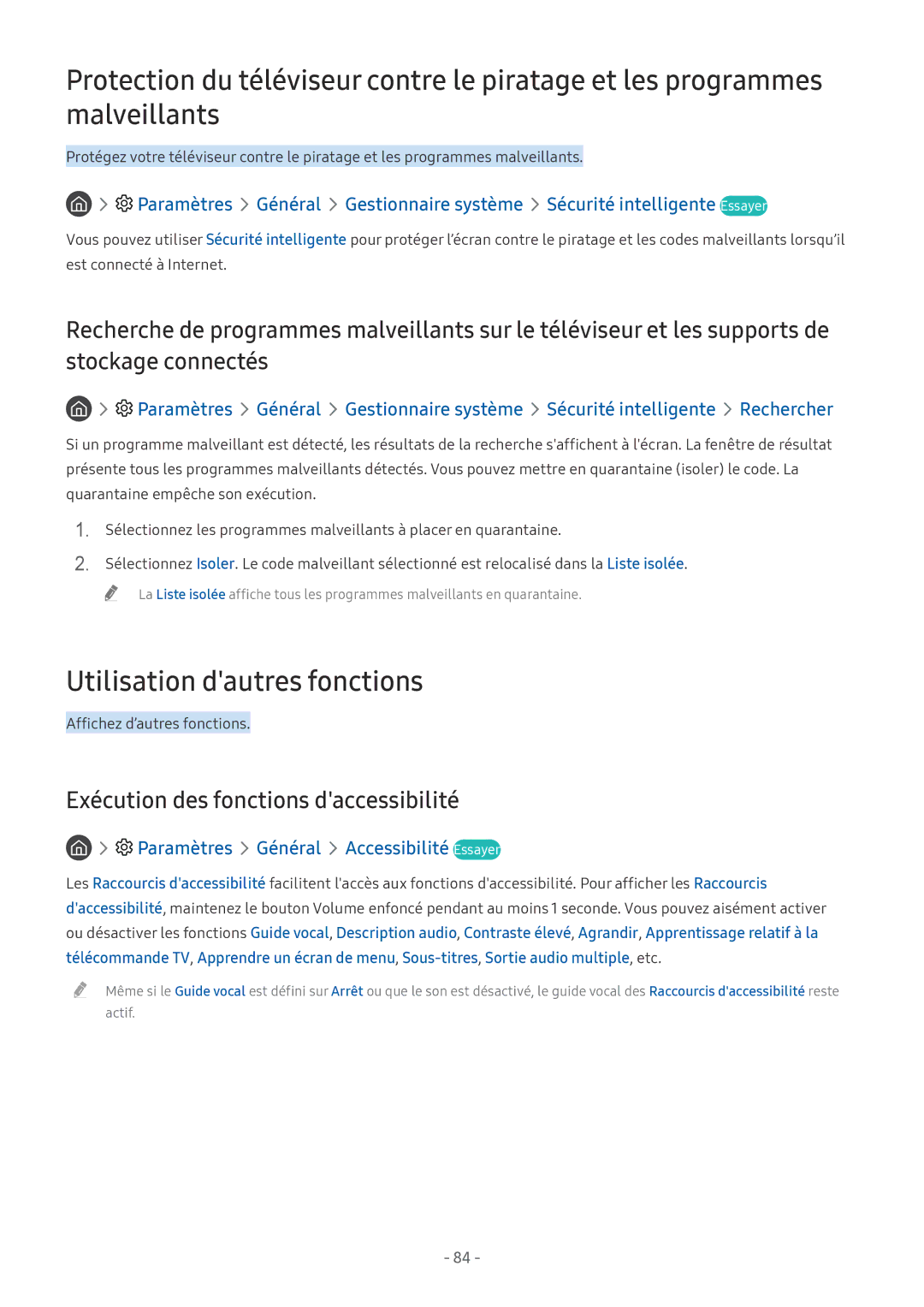 Samsung UE55MU6655UXXC, UE40MU6455UXXC, QE75Q7FAMTXXC Utilisation dautres fonctions, Exécution des fonctions daccessibilité 