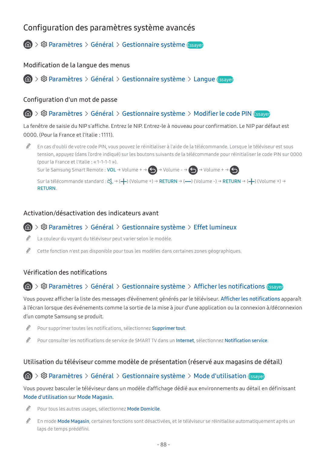 Samsung UE49MU6455UXXC manual Configuration des paramètres système avancés, Paramètres Général Gestionnaire système 