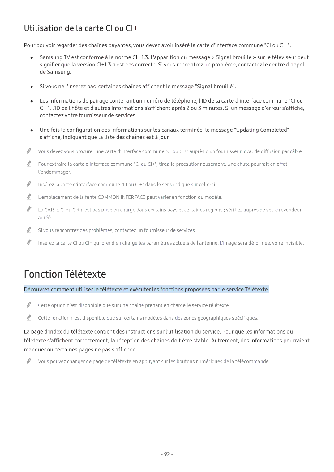 Samsung UE49MU6125KXXC, UE40MU6455UXXC, QE75Q7FAMTXXC, QE65Q8CAMTXXC Fonction Télétexte, Utilisation de la carte CI ou CI+ 