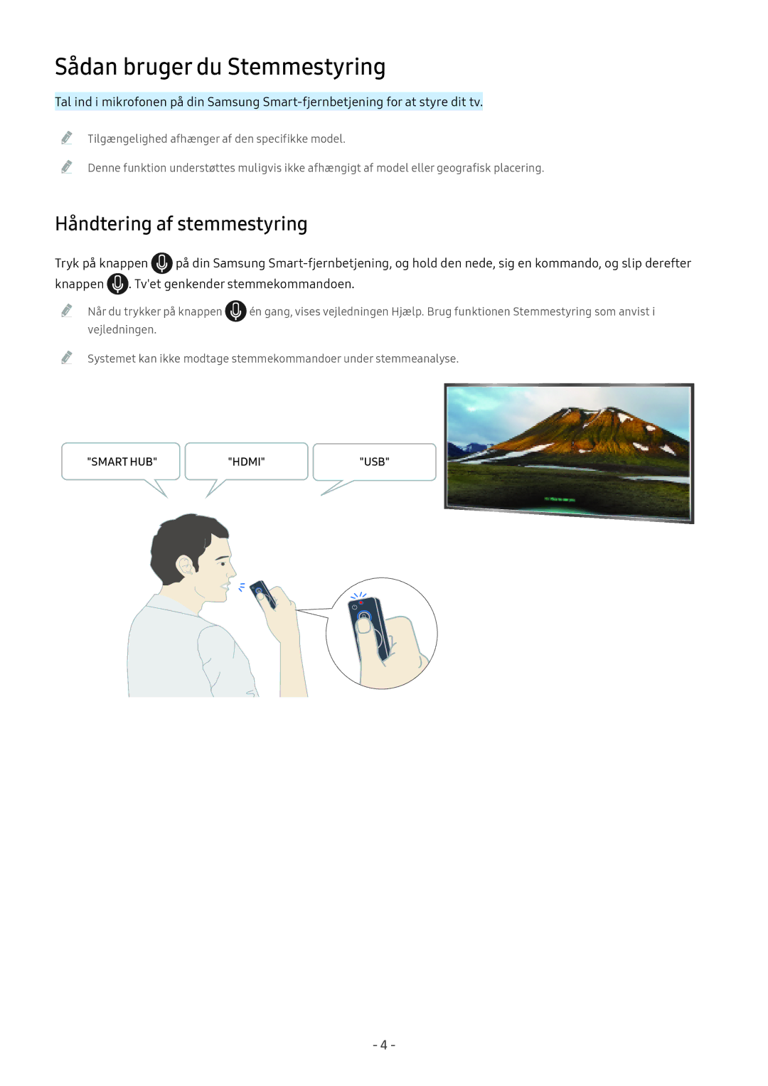 Samsung UE65MU6505UXXC, UE40MU6455UXXC, QE75Q7FAMTXXC manual Sådan bruger du Stemmestyring, Håndtering af stemmestyring 