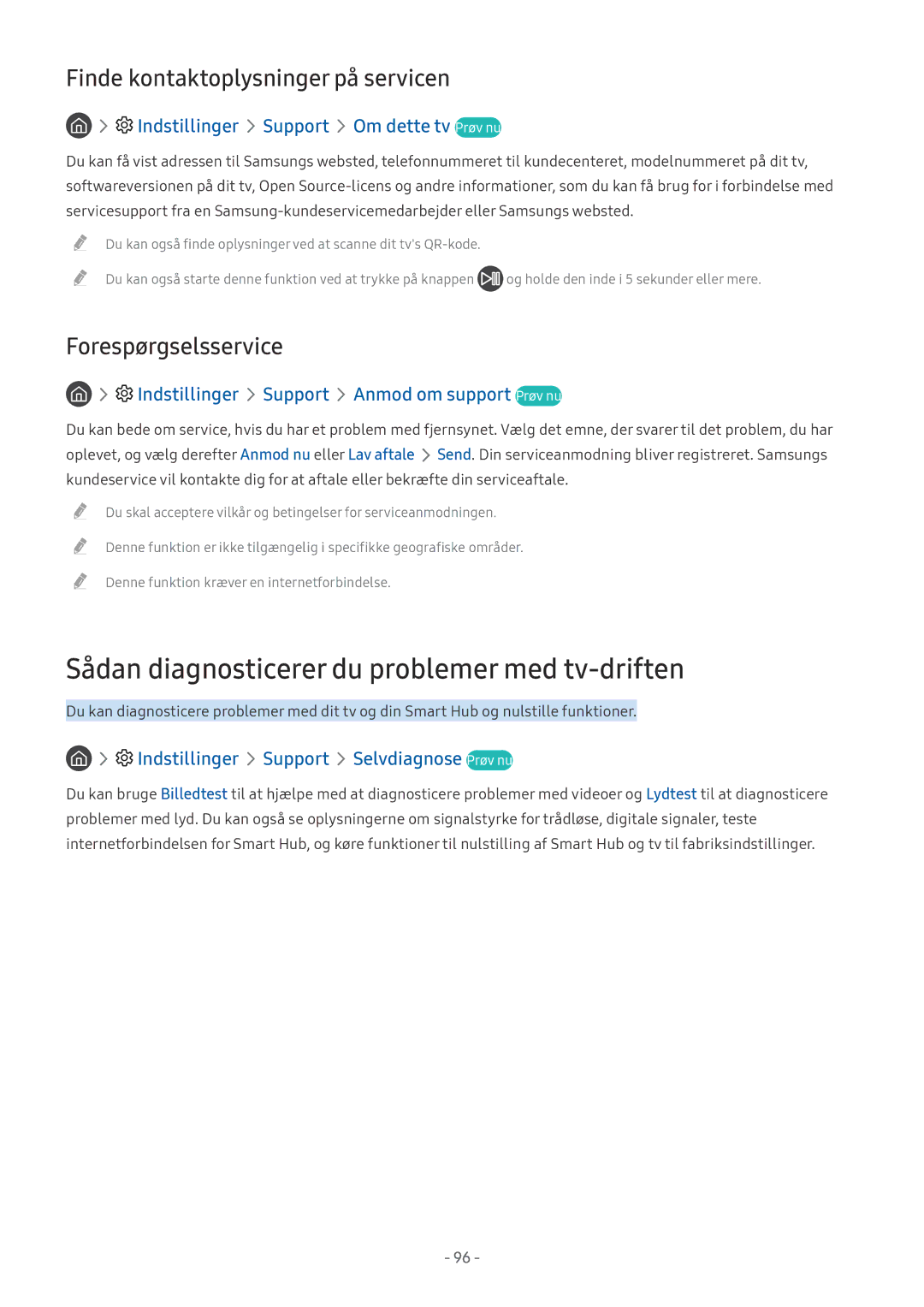 Samsung UE65MU7045TXXC manual Sådan diagnosticerer du problemer med tv-driften, Indstillinger Support Om dette tv Prøv nu 