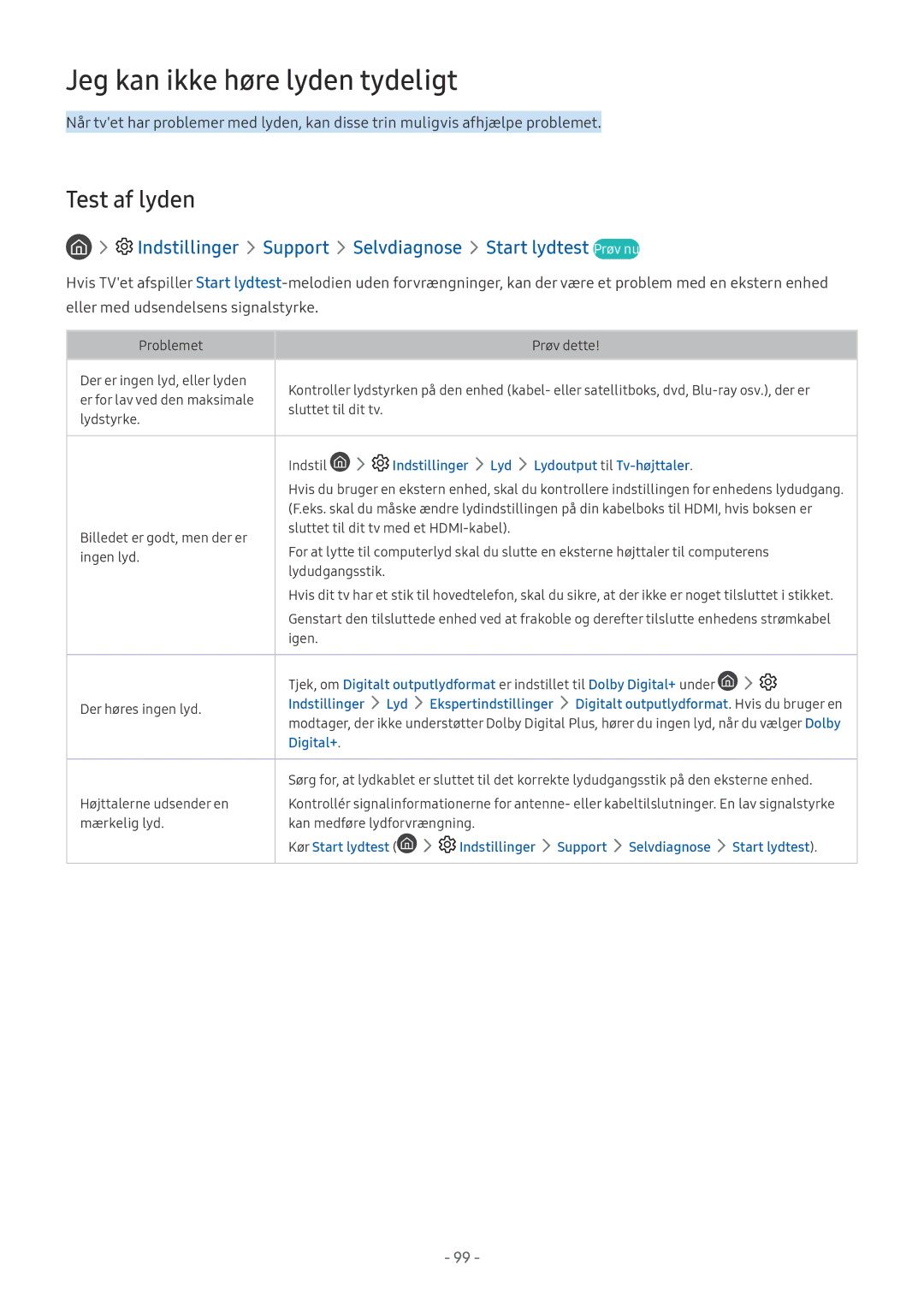 Samsung UE65MU6505UXXC, UE40MU6455UXXC, QE75Q7FAMTXXC manual Jeg kan ikke høre lyden tydeligt, Test af lyden, Digital+ 