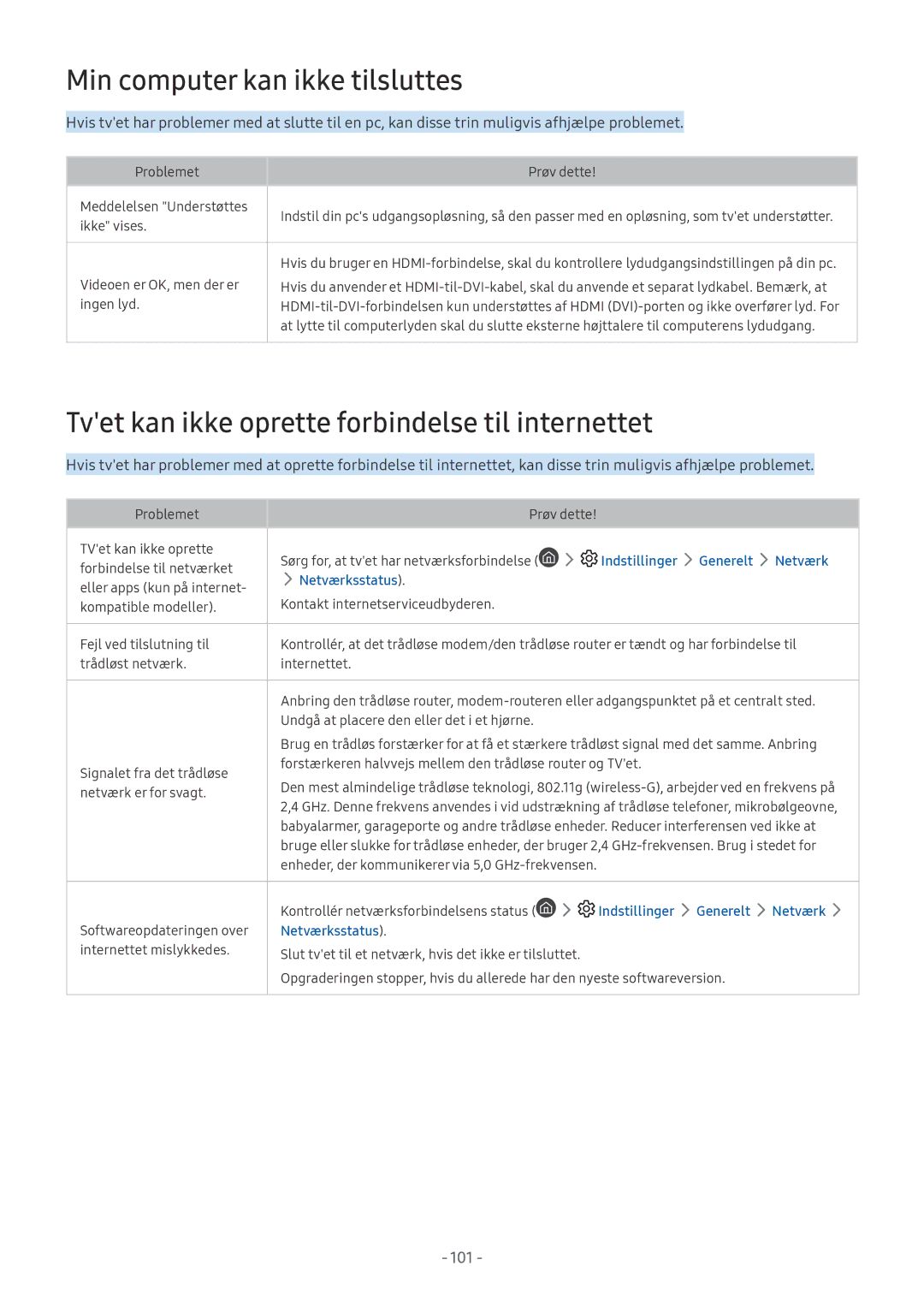 Samsung UE55MU6105KXXC Min computer kan ikke tilsluttes, Tvet kan ikke oprette forbindelse til internettet, Netværksstatus 