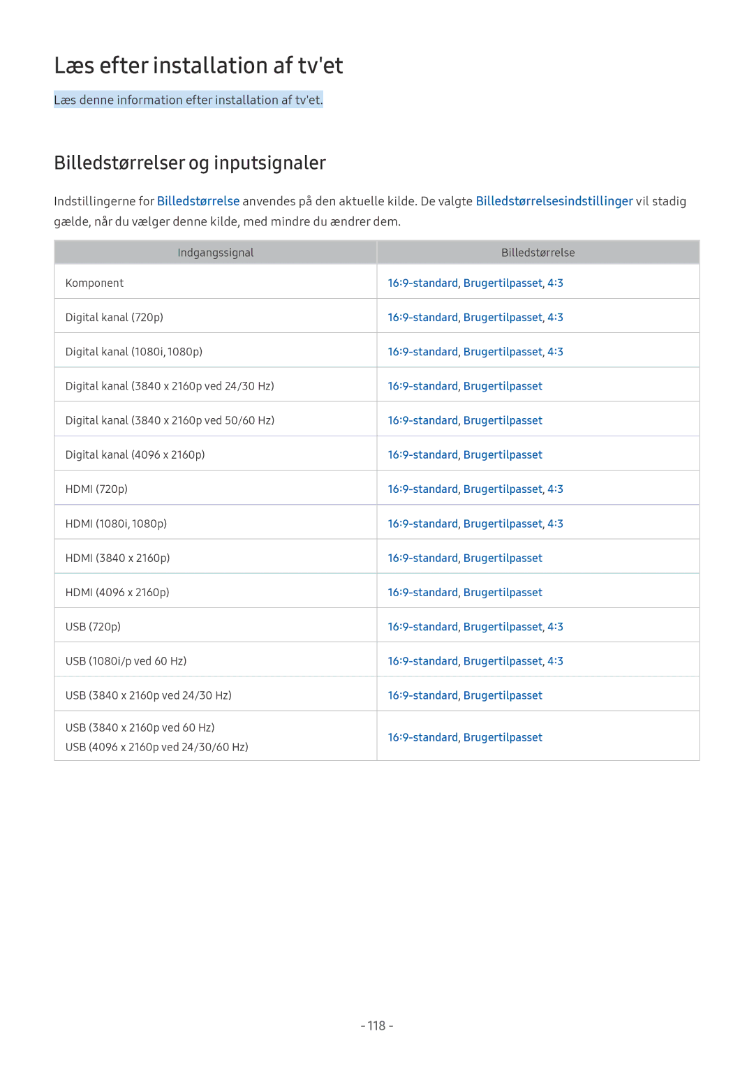 Samsung UE55MU9005TXXC manual Læs efter installation af tvet, Billedstørrelser og inputsignaler, Standard,Brugertilpasset 