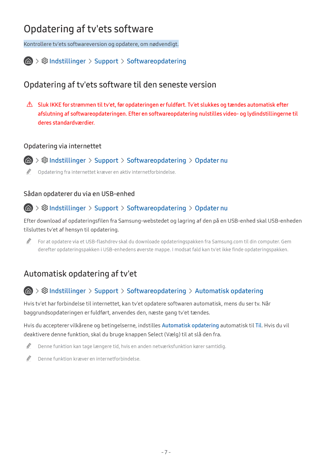 Samsung UE49MU6655UXXC manual Opdatering af tvets software til den seneste version, Automatisk opdatering af tvet 