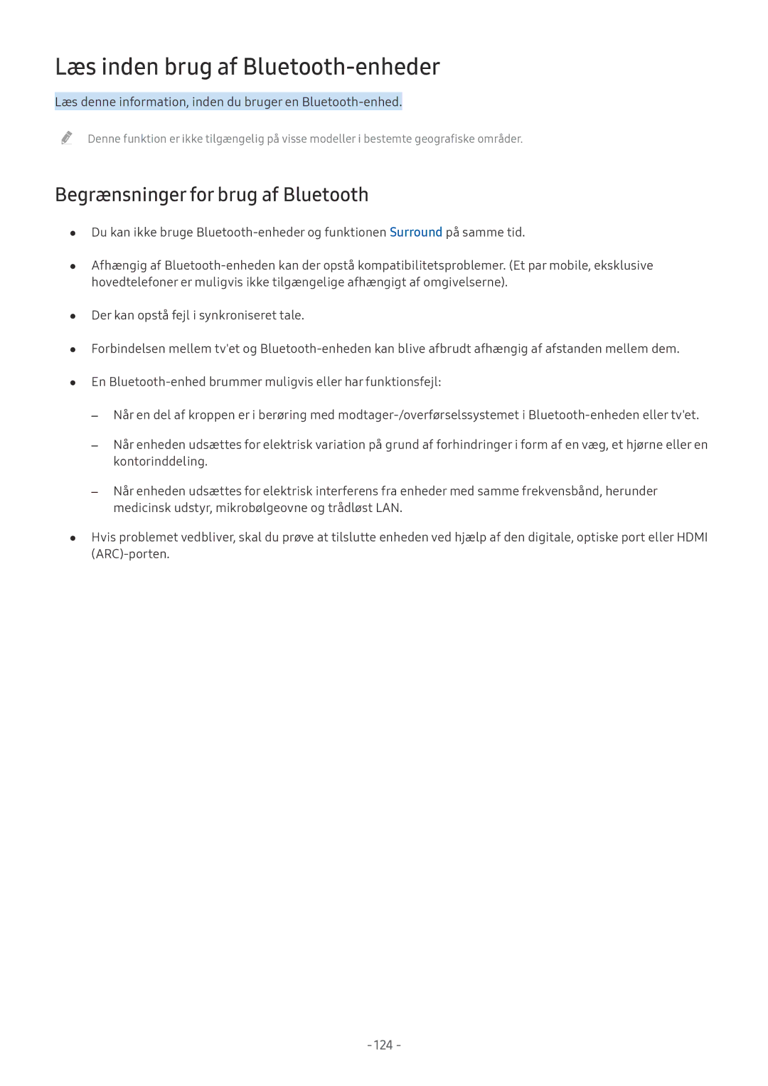 Samsung UE49MU9005TXXC, UE40MU6455UXXC manual Læs inden brug af Bluetooth-enheder, Begrænsninger for brug af Bluetooth 