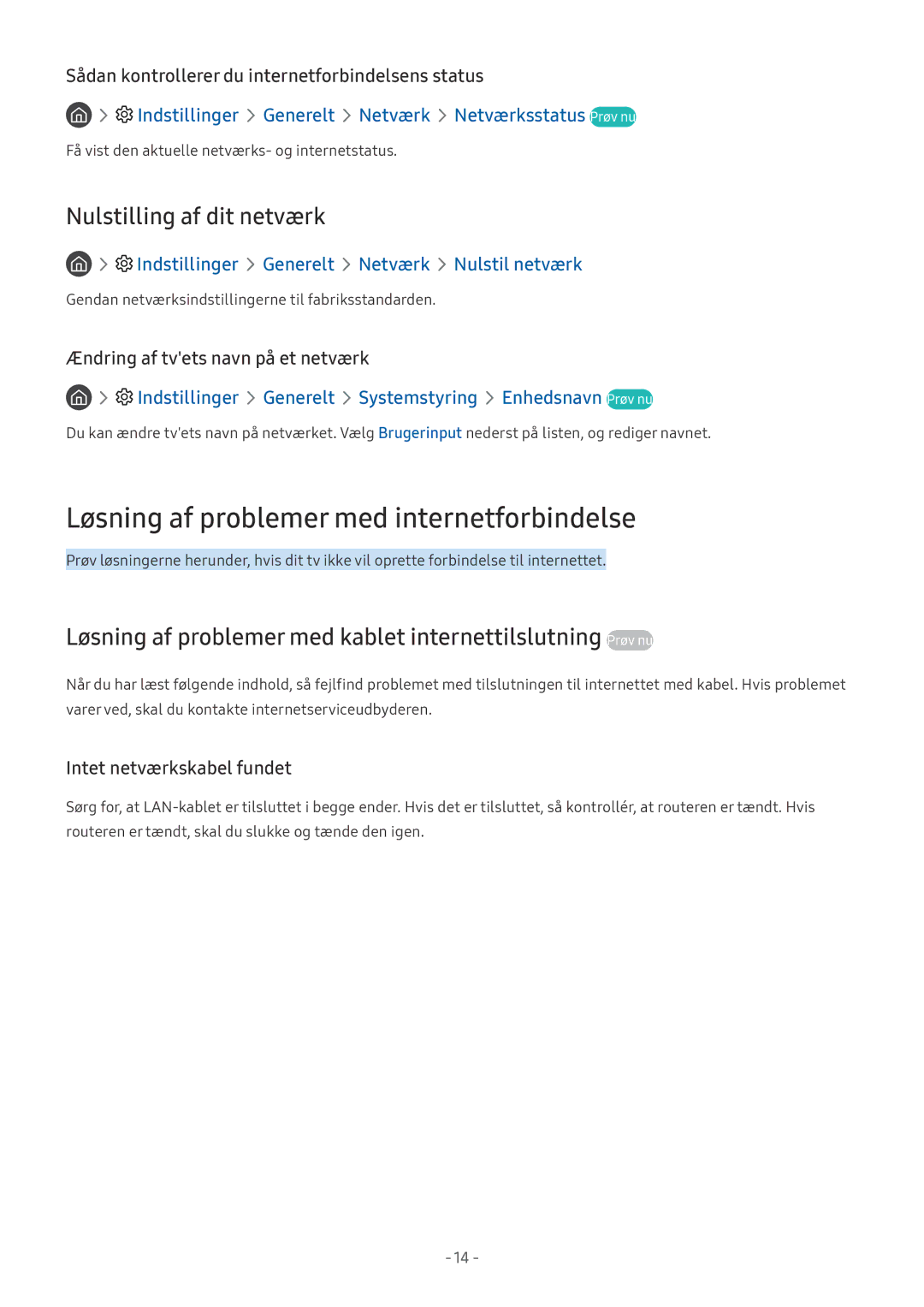 Samsung UE40MU6175UXXC, UE40MU6455UXXC manual Løsning af problemer med internetforbindelse, Nulstilling af dit netværk 