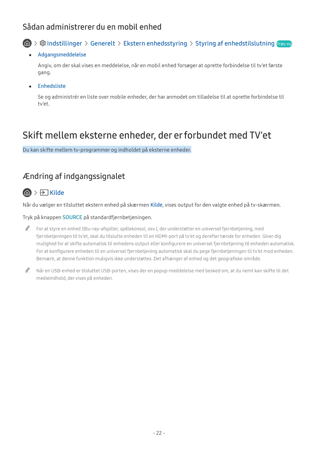 Samsung UE65MU6105KXXC Skift mellem eksterne enheder, der er forbundet med TVet, Sådan administrerer du en mobil enhed 