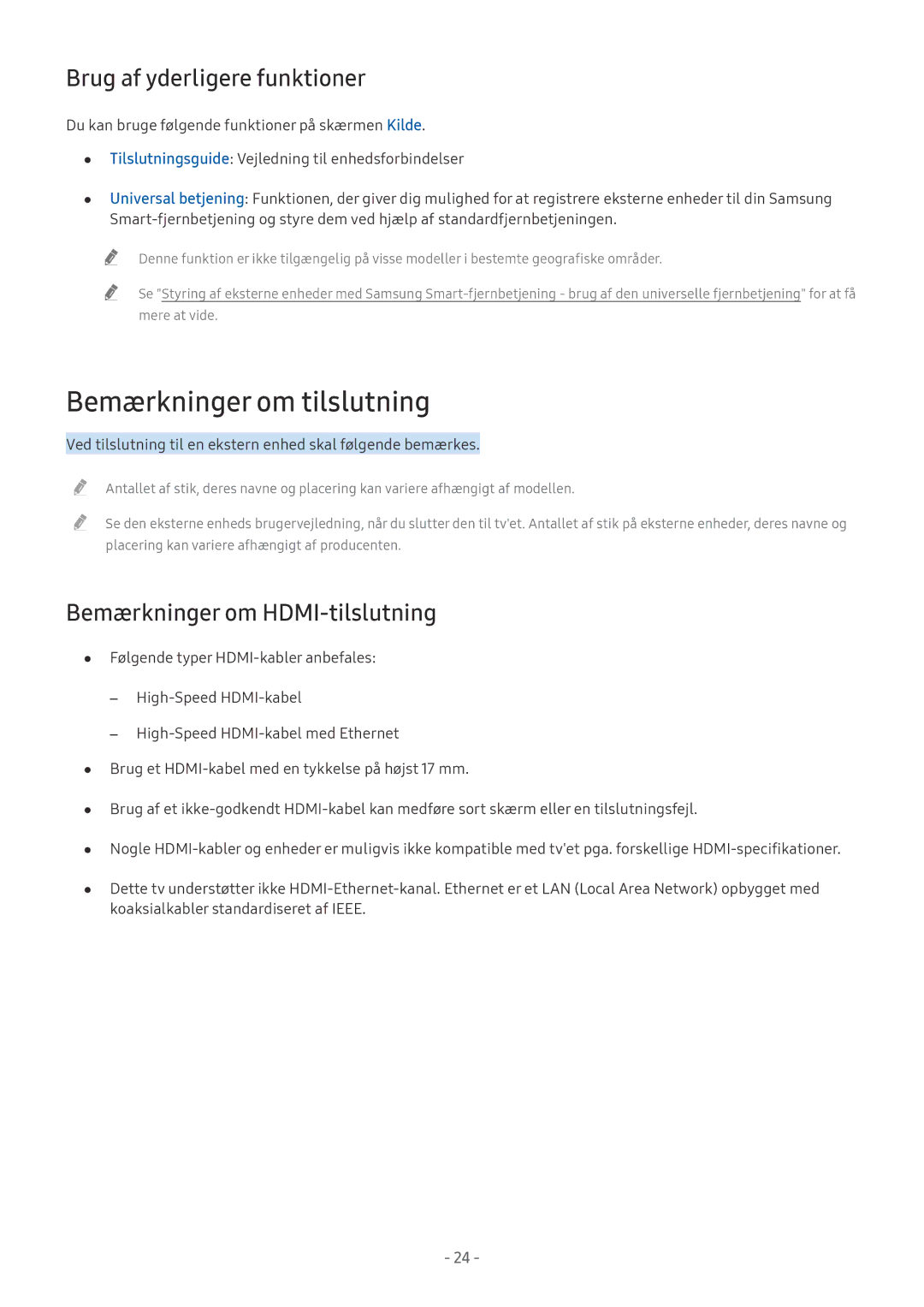 Samsung UE55MU7045TXXC manual Bemærkninger om tilslutning, Brug af yderligere funktioner, Bemærkninger om HDMI-tilslutning 