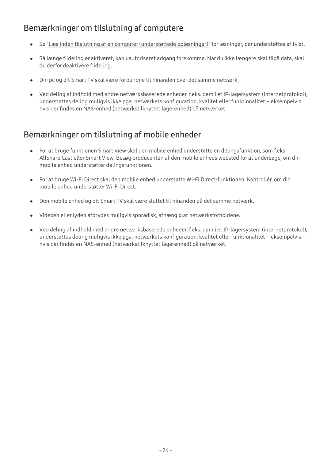 Samsung UE55MU6645UXXC manual Bemærkninger om tilslutning af computere, Bemærkninger om tilslutning af mobile enheder 