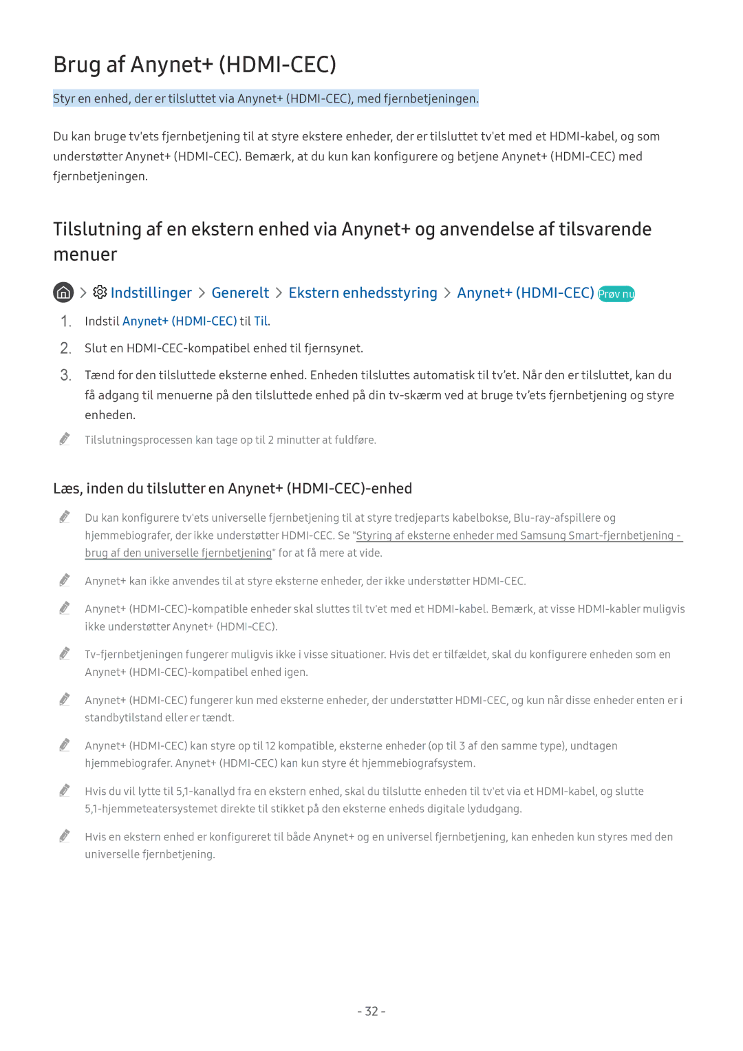 Samsung UE65MU7075TXXC, UE40MU6455UXXC manual Brug af Anynet+ HDMI-CEC, Læs, inden du tilslutter en Anynet+ HDMI-CEC-enhed 