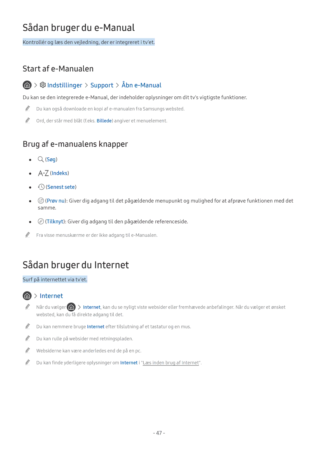 Samsung QE65Q7CAMTXXC Sådan bruger du e-Manual, Sådan bruger du Internet, Start af e-Manualen, Brug af e-manualens knapper 