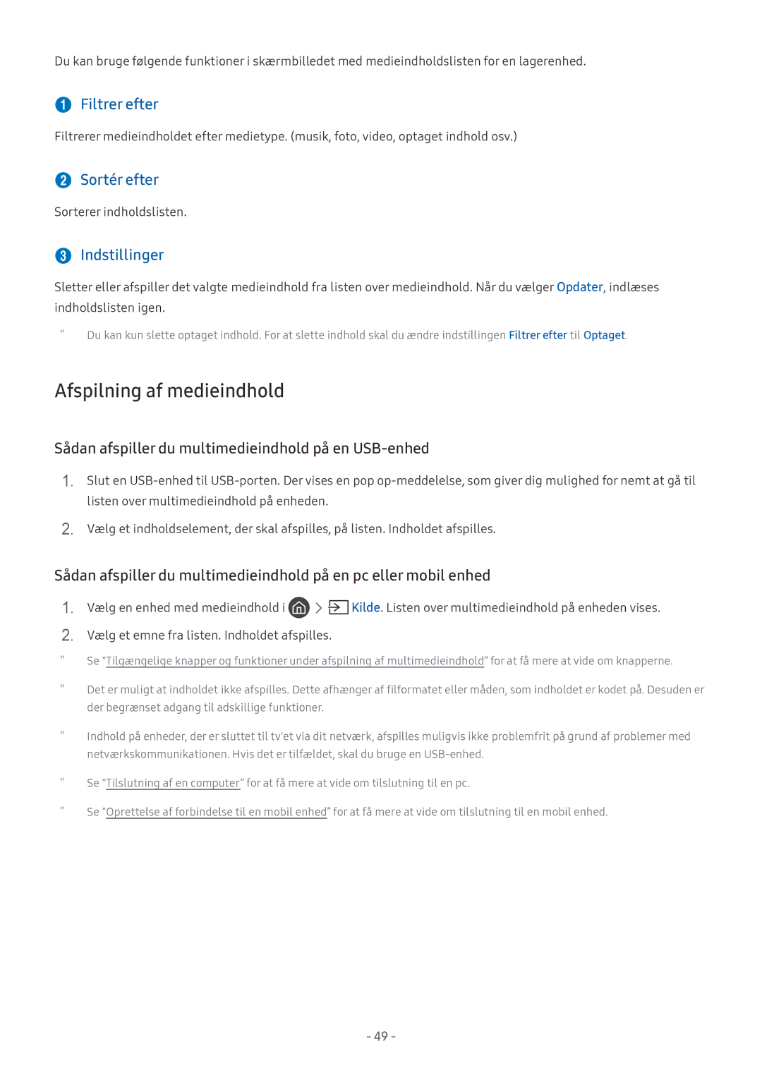 Samsung UE40MU6105KXXC, UE40MU6455UXXC manual Afspilning af medieindhold,  Filtrer efter,  Sortér efter,  Indstillinger 