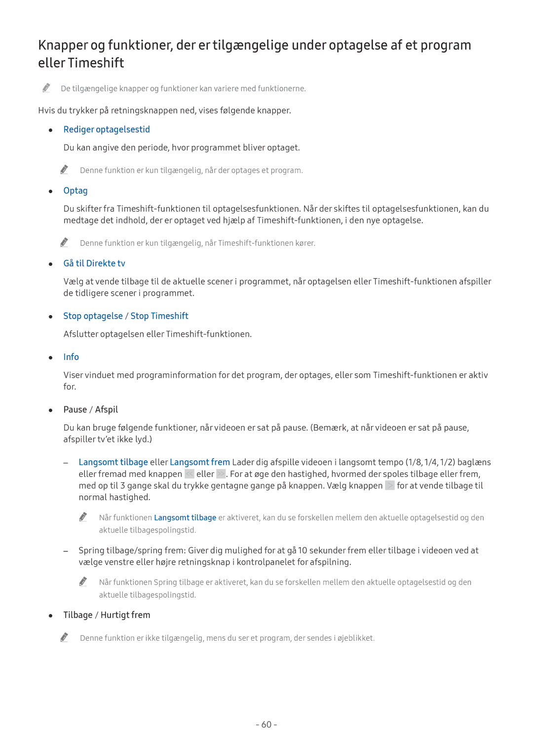 Samsung UE49MU6475UXXC manual Rediger optagelsestid, Optag, Gå til Direkte tv, Stop optagelse / Stop Timeshift, Info 