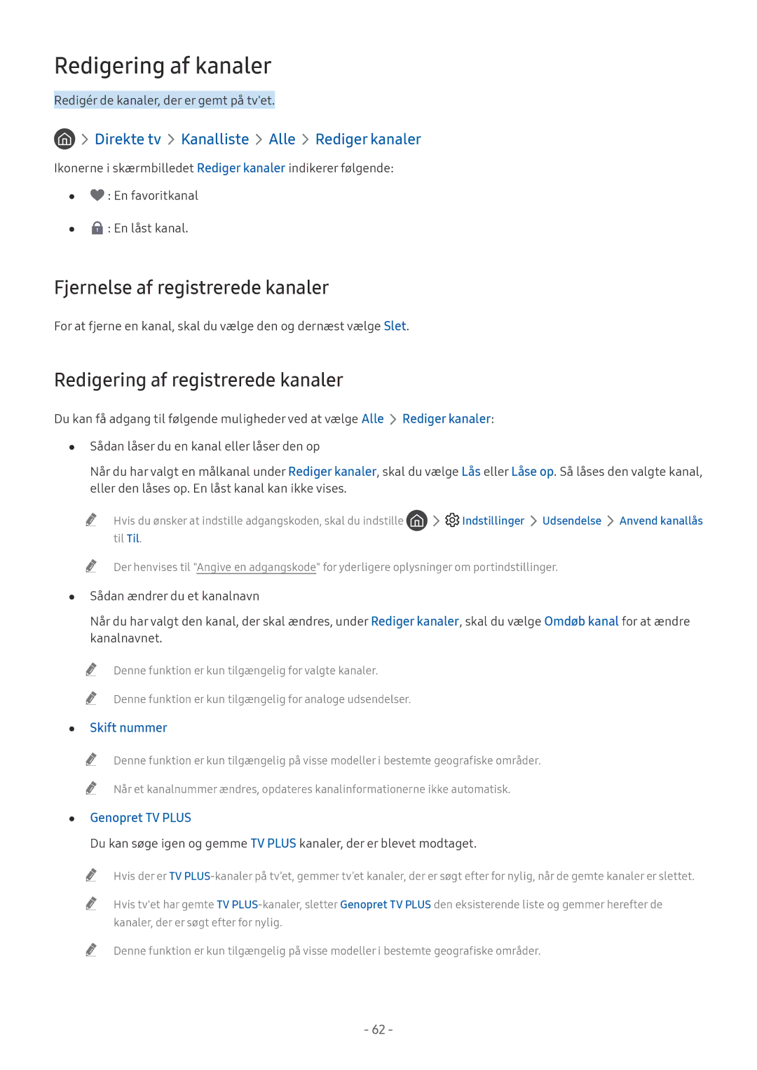 Samsung QE65Q8FAMTXXC manual Redigering af kanaler, Fjernelse af registrerede kanaler, Redigering af registrerede kanaler 