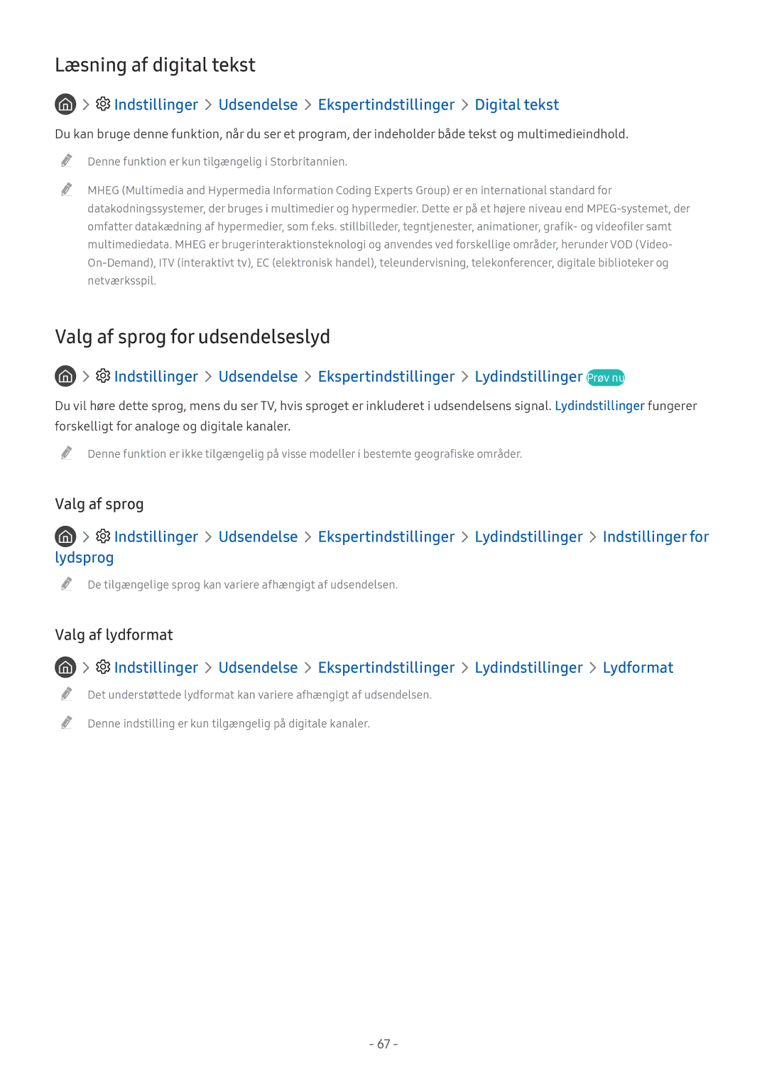 Samsung UE40MU6445UXXC, UE40MU6455UXXC manual Læsning af digital tekst, Valg af sprog for udsendelseslyd, Valg af lydformat 