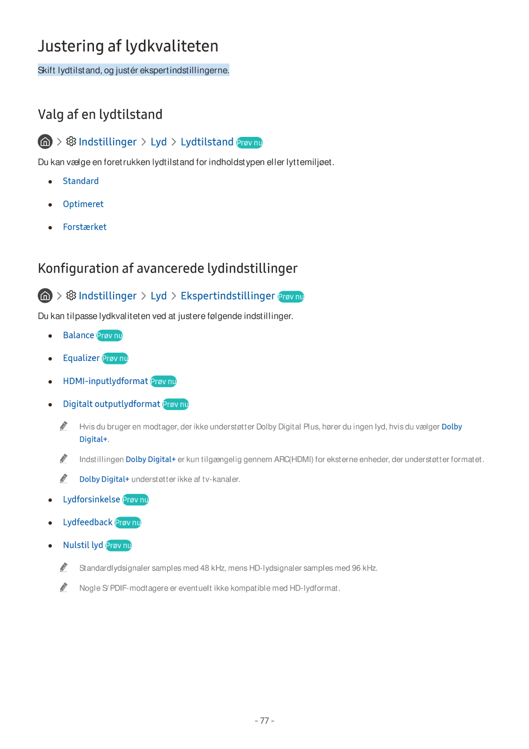 Samsung UE65MU6455UXXC Justering af lydkvaliteten, Valg af en lydtilstand, Konfiguration af avancerede lydindstillinger 