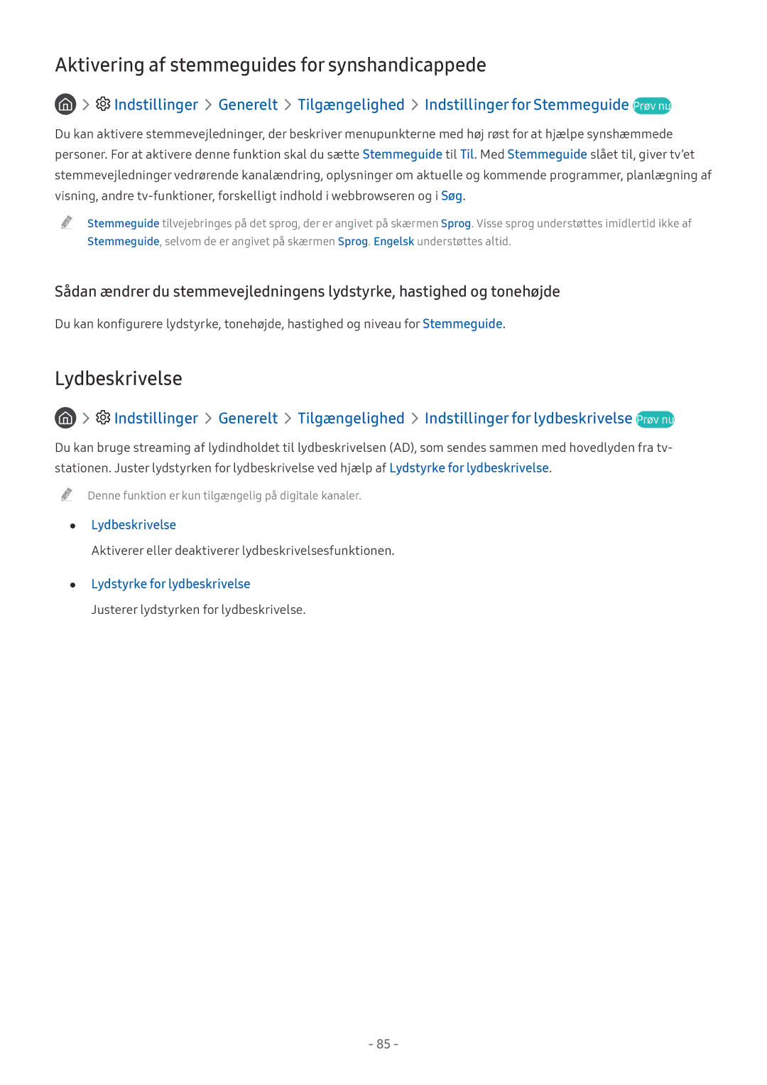 Samsung UE43MU6195UXXC manual Aktivering af stemmeguides for synshandicappede, Lydbeskrivelse, Lydstyrke for lydbeskrivelse 