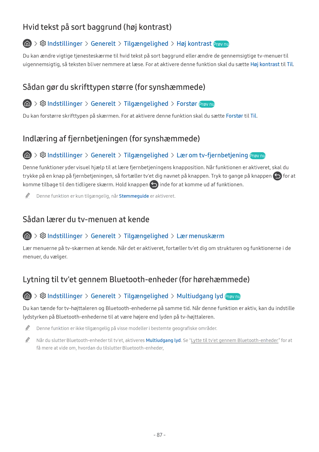 Samsung UE49MU6275UXXC manual Hvid tekst på sort baggrund høj kontrast, Sådan gør du skrifttypen større for synshæmmede 