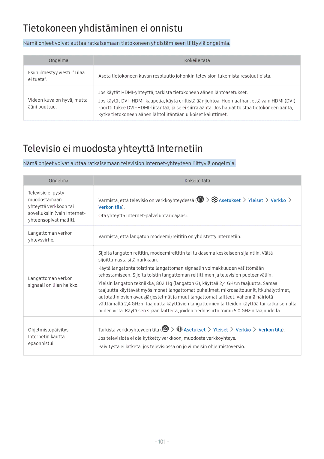 Samsung UE55MU6105KXXC, UE40MU6455UXXC Tietokoneen yhdistäminen ei onnistu, Televisio ei muodosta yhteyttä Internetiin 