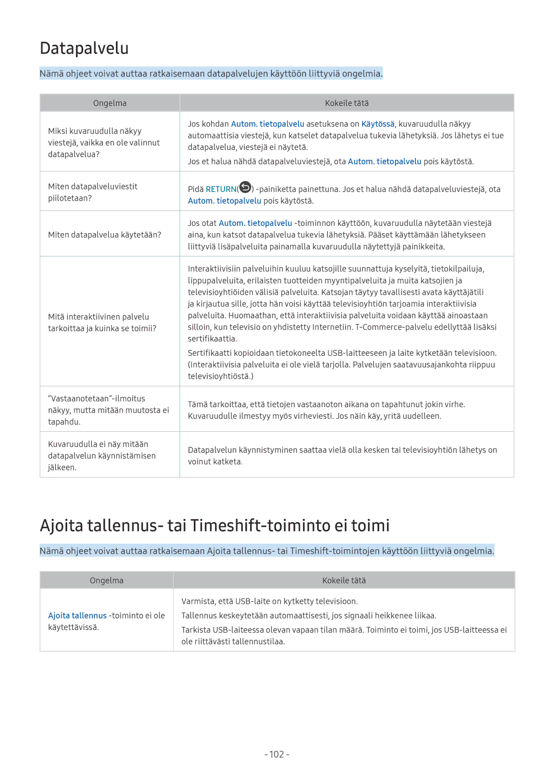 Samsung UE49MU6655UXXC, UE40MU6455UXXC, QE75Q7FAMTXXC manual Datapalvelu, Ajoita tallennus- tai Timeshift-toiminto ei toimi 