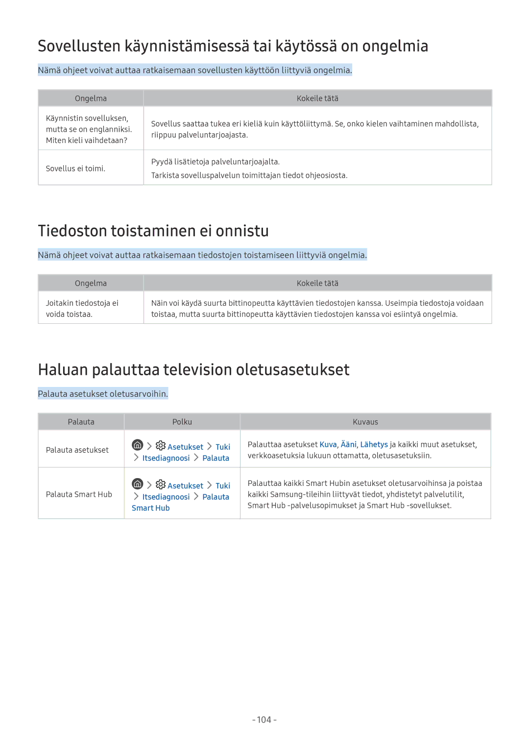 Samsung UE75MU7005TXXC manual Sovellusten käynnistämisessä tai käytössä on ongelmia, Tiedoston toistaminen ei onnistu 