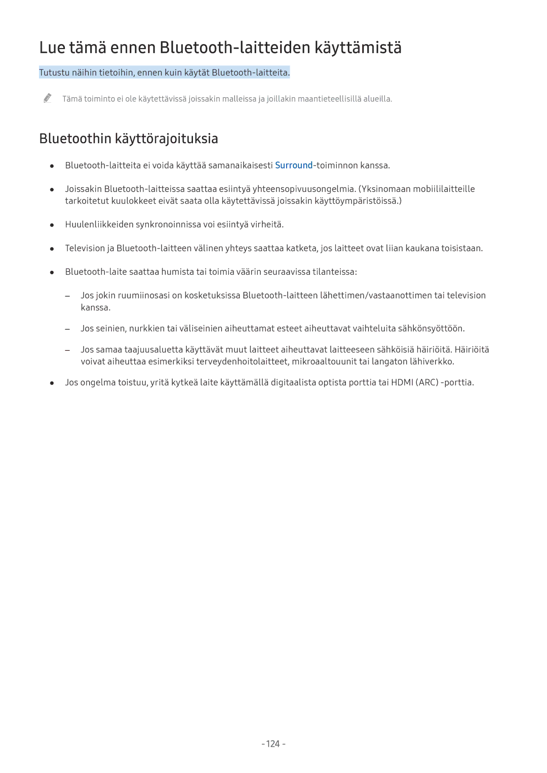 Samsung UE49MU9005TXXC, UE40MU6455UXXC manual Lue tämä ennen Bluetooth-laitteiden käyttämistä, Bluetoothin käyttörajoituksia 