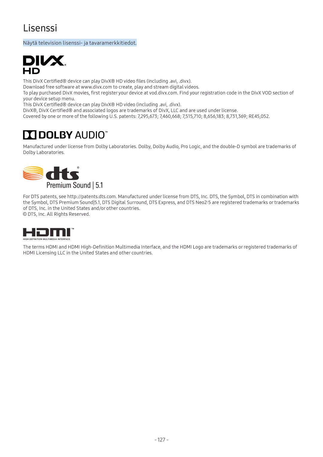 Samsung UE65MU7075TXXC, UE40MU6455UXXC, QE75Q7FAMTXXC manual Lisenssi, Näytä television lisenssi- ja tavaramerkkitiedot 